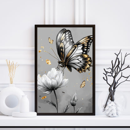 Black-and-white artwork with gold accents, showing a butterfly on a flower.