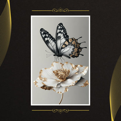 Elegant digital print of a butterfly with golden wings landing on a golden-flaked flower.