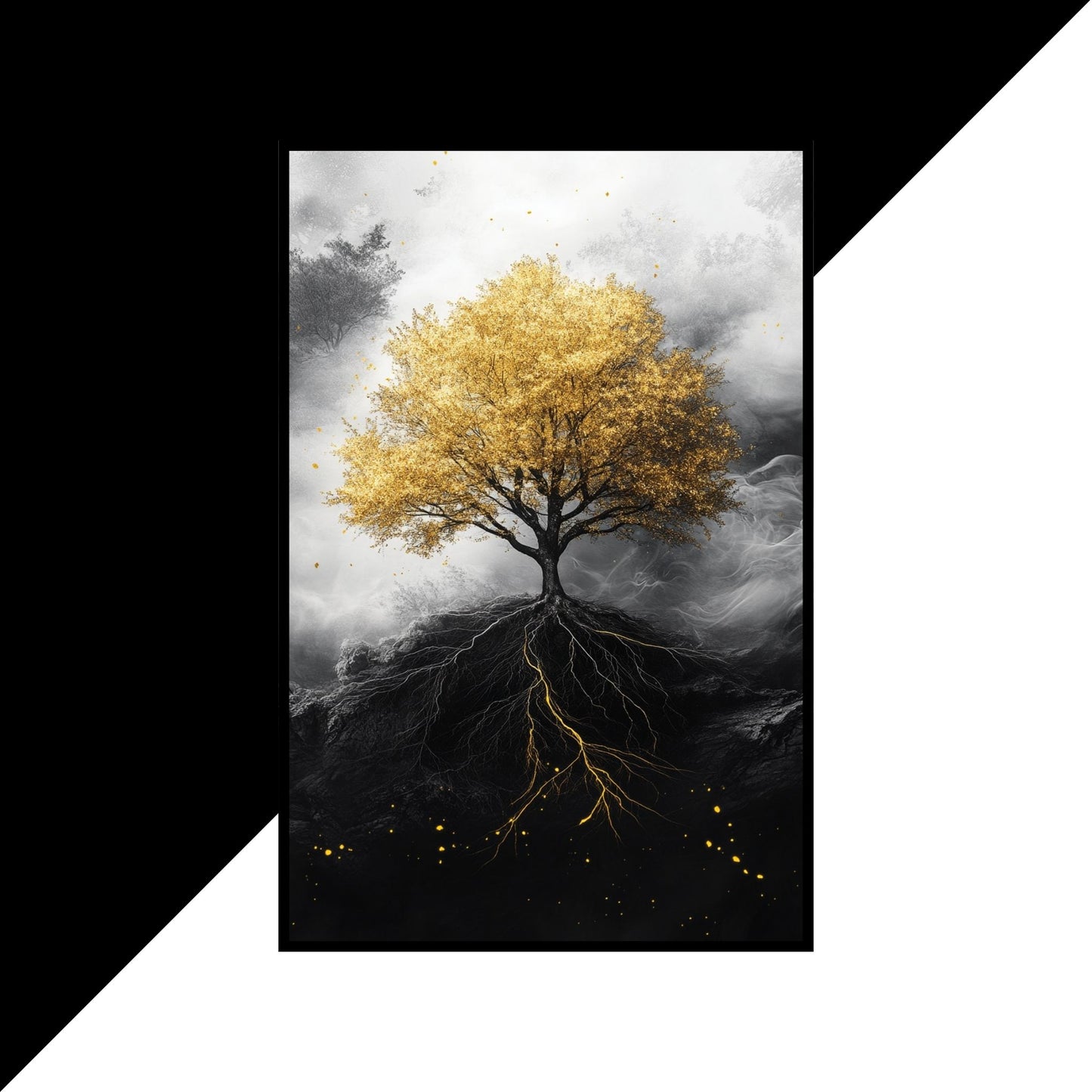 Elegant black-and-white wall art featuring a golden tree and roots