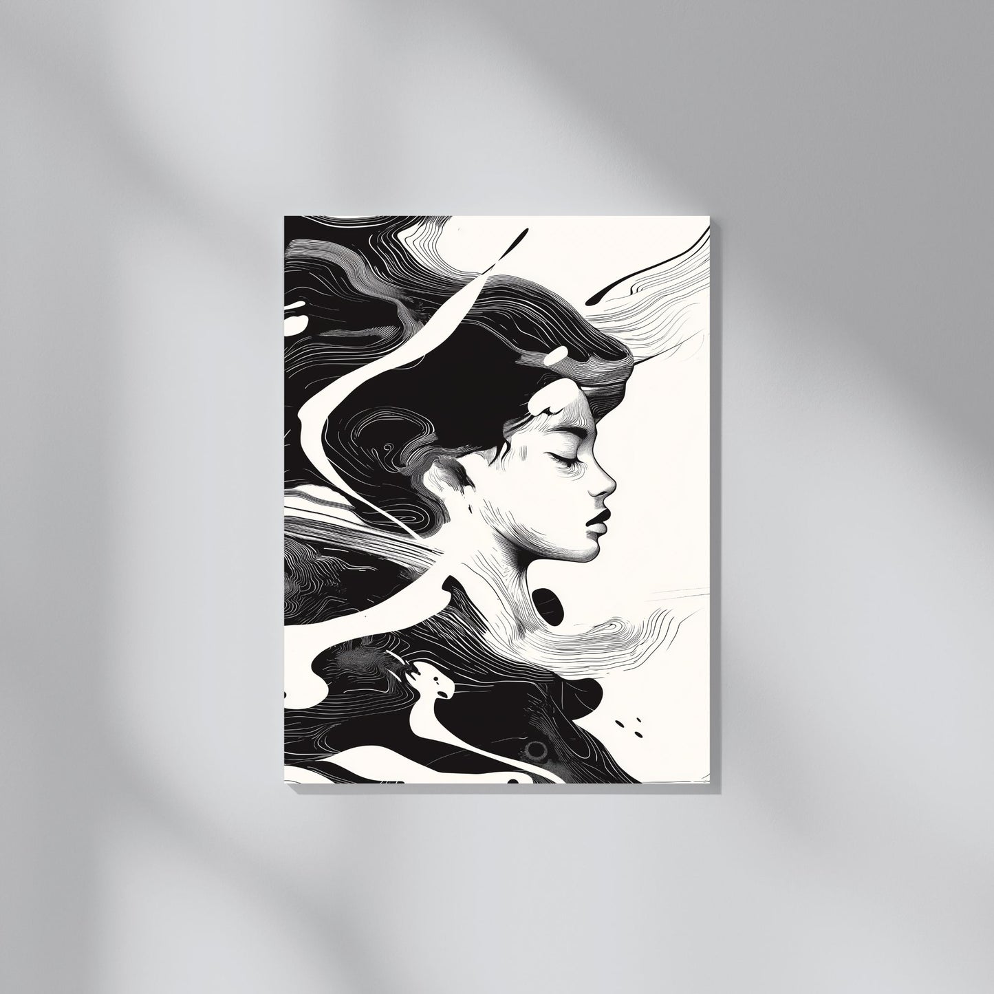 Abstract black and white portrait with fluid lines and serene details