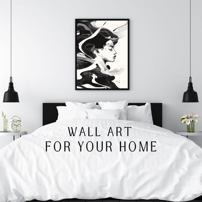 Minimalist black and white wall art featuring an artistic abstract portrait