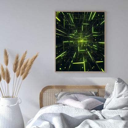 Futuristic glowing geometric artwork featuring a neon grid