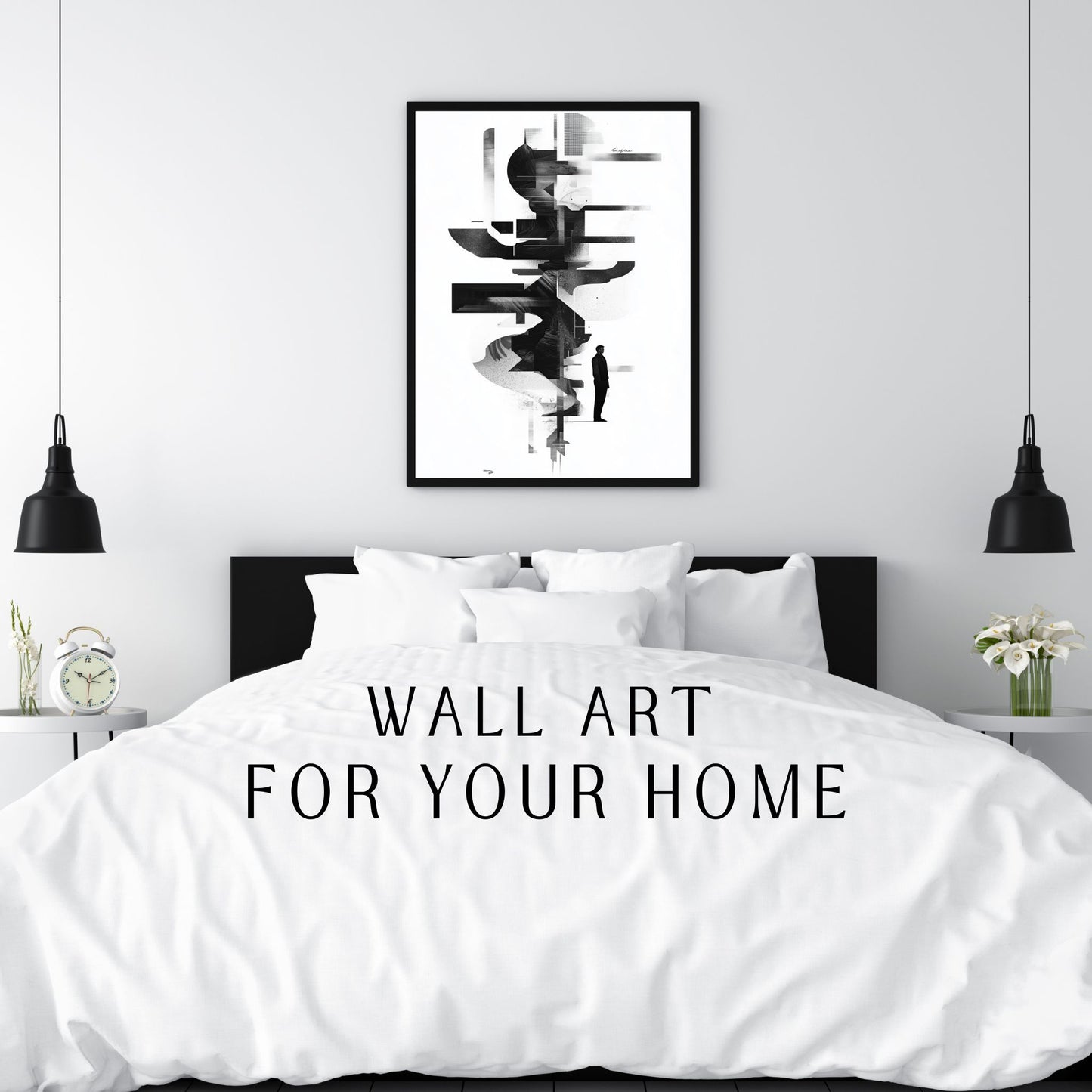 Black and white wall art with abstract shapes and human contemplation