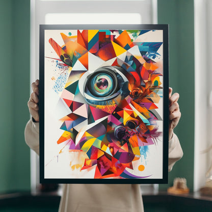 A colorful abstract geometric art design featuring a central eye