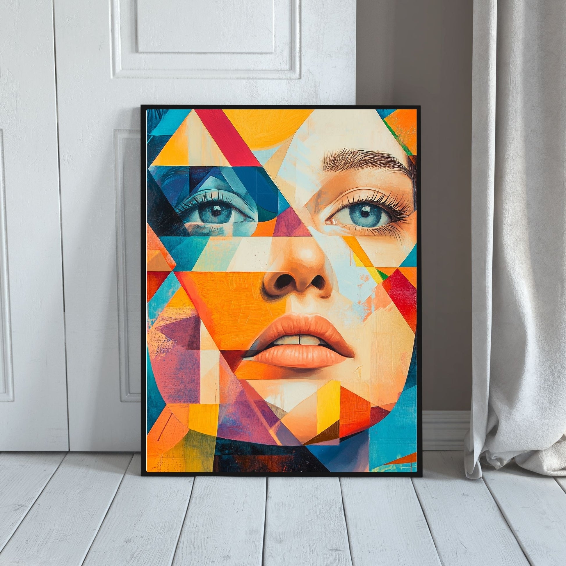 Colorful geometric artwork featuring a woman's abstract portrait