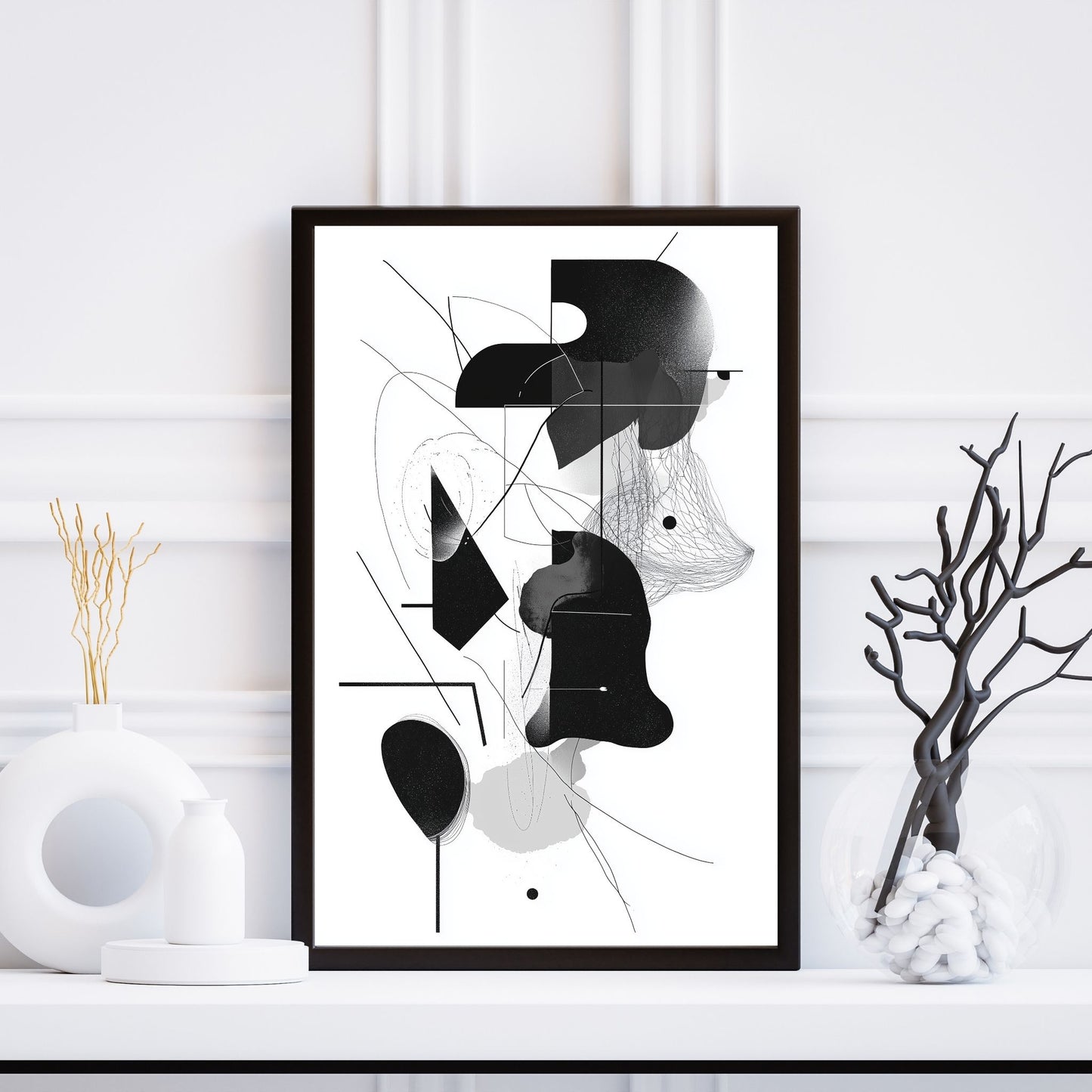 Minimalist monochrome design featuring modern abstract forms