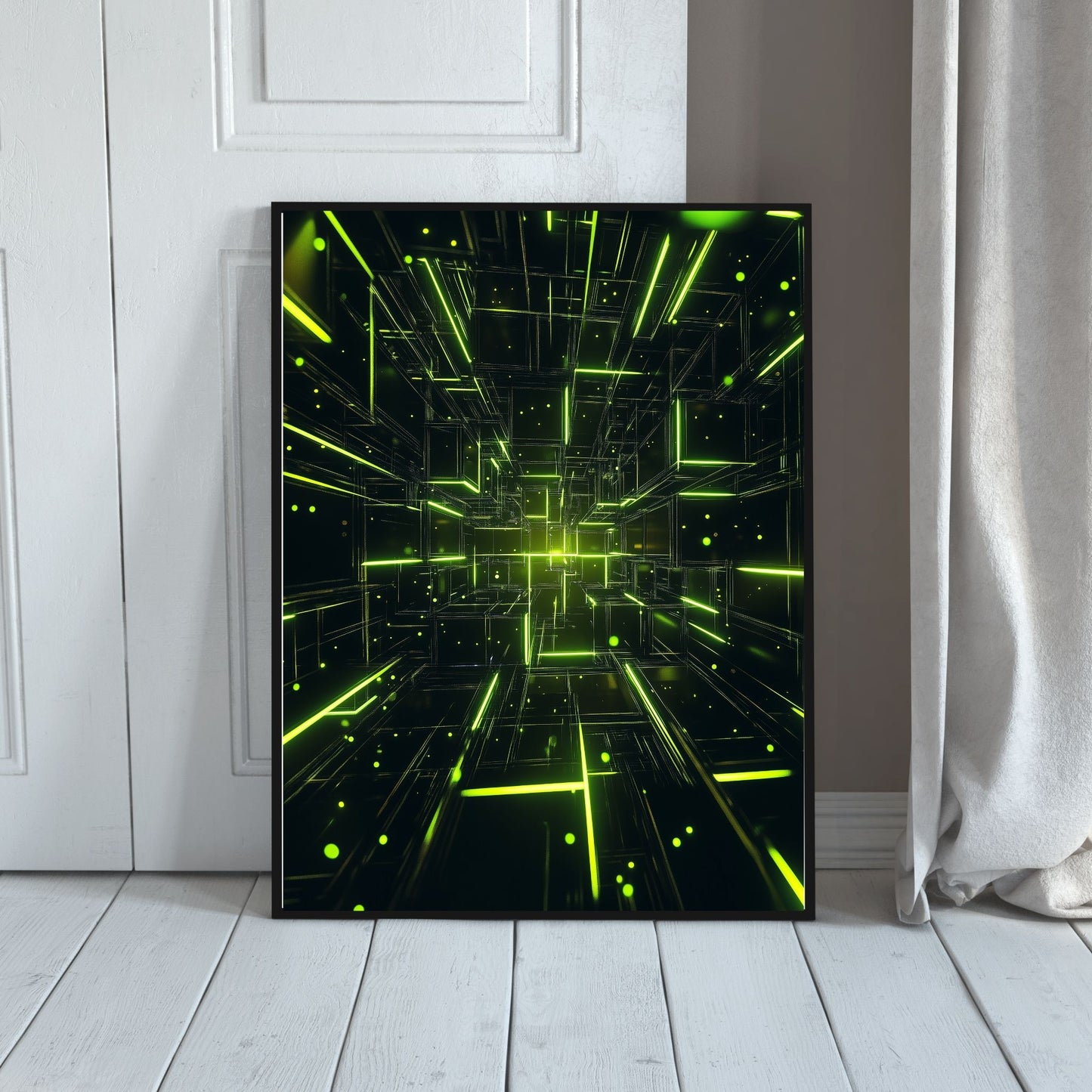 Abstract neon cube geometric art with glowing accents