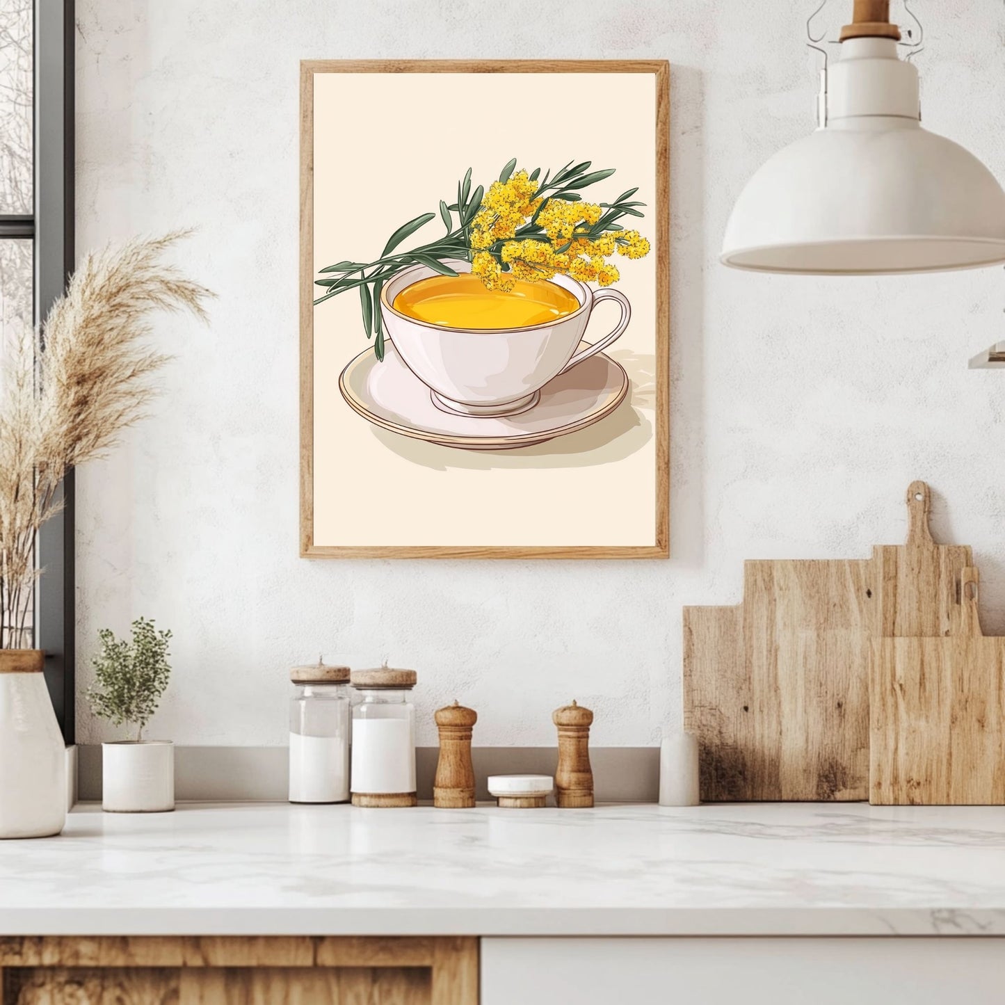 Mimosa flowers in a teacup, creating a peaceful and serene atmosphere, ideal for brightening up your walls with a burst of color