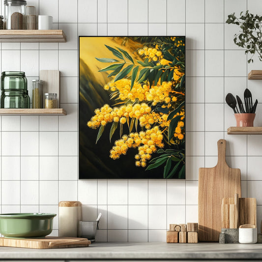 A close-up of vibrant yellow mimosa flowers with lush green leaves, perfect for brightening your living space with nature’s beauty