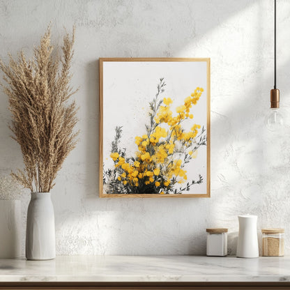 A beautiful mimosa print with bright yellow blooms against a soft, artistic background, adding a cheerful touch to any room