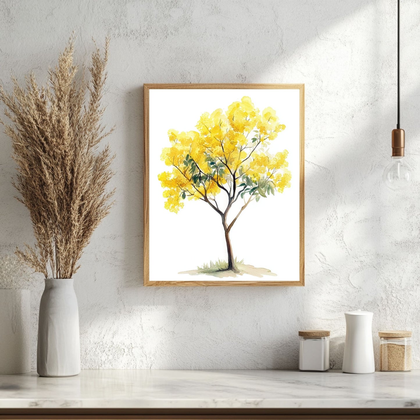 Vibrant mimosa tree print featuring golden flowers and green leaves, ideal for adding warmth to your space