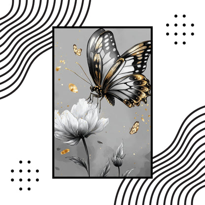 Black-and-white art featuring a golden butterfly landing on a white flower