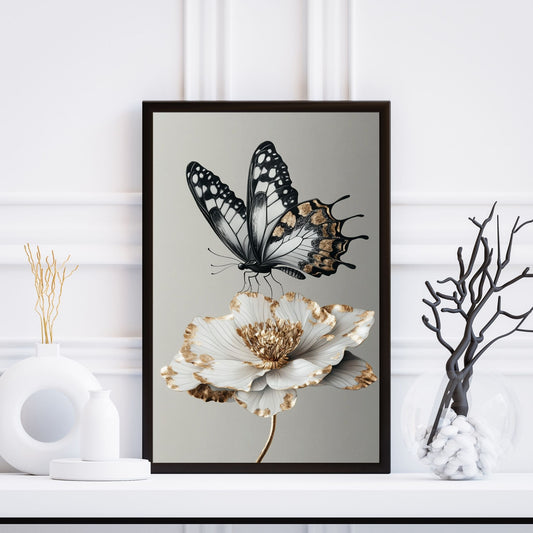 Black and white art featuring a golden butterfly on a white flower with golden accents