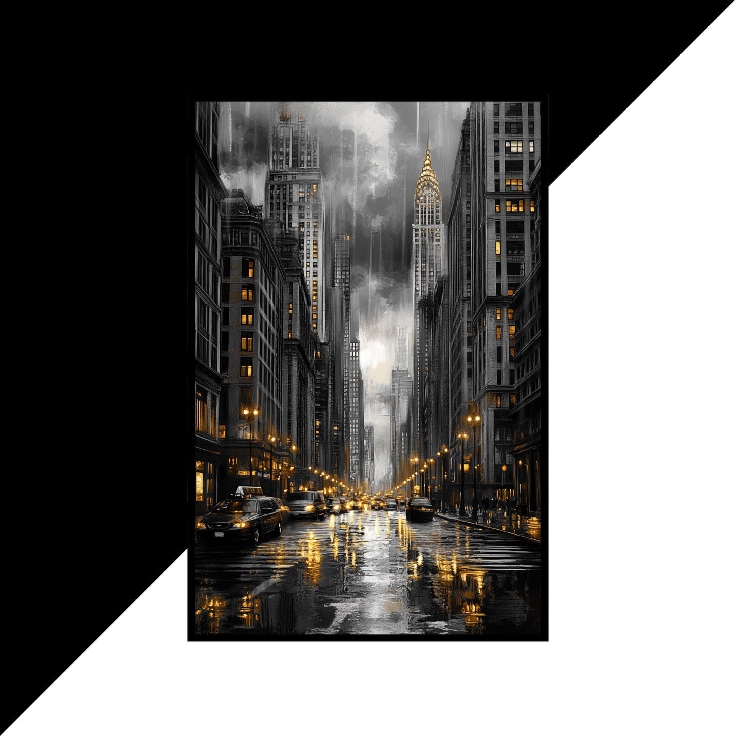 Black-and-white city street art with golden lights reflecting on the wet road.