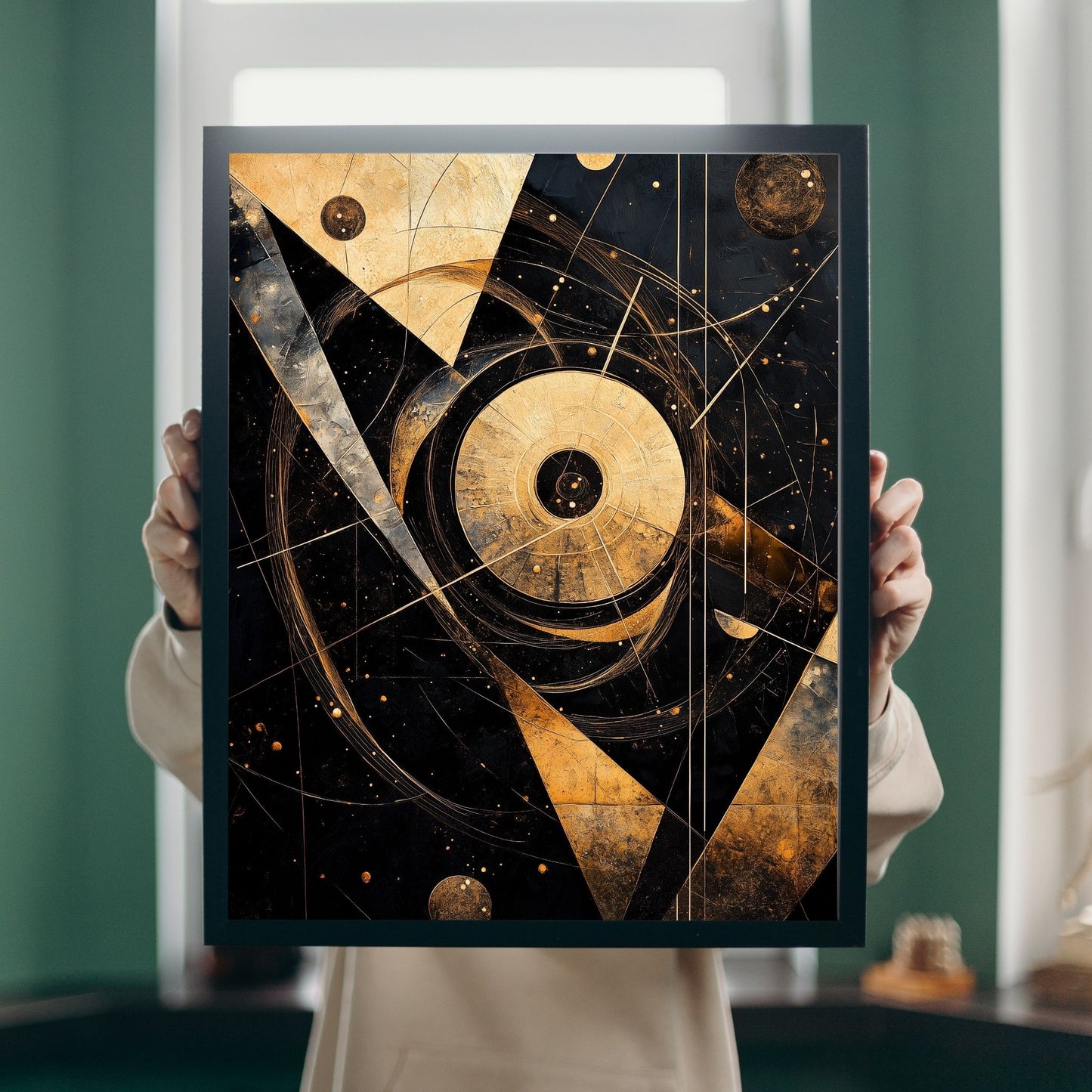 Golden geometric line art inspired by celestial designs