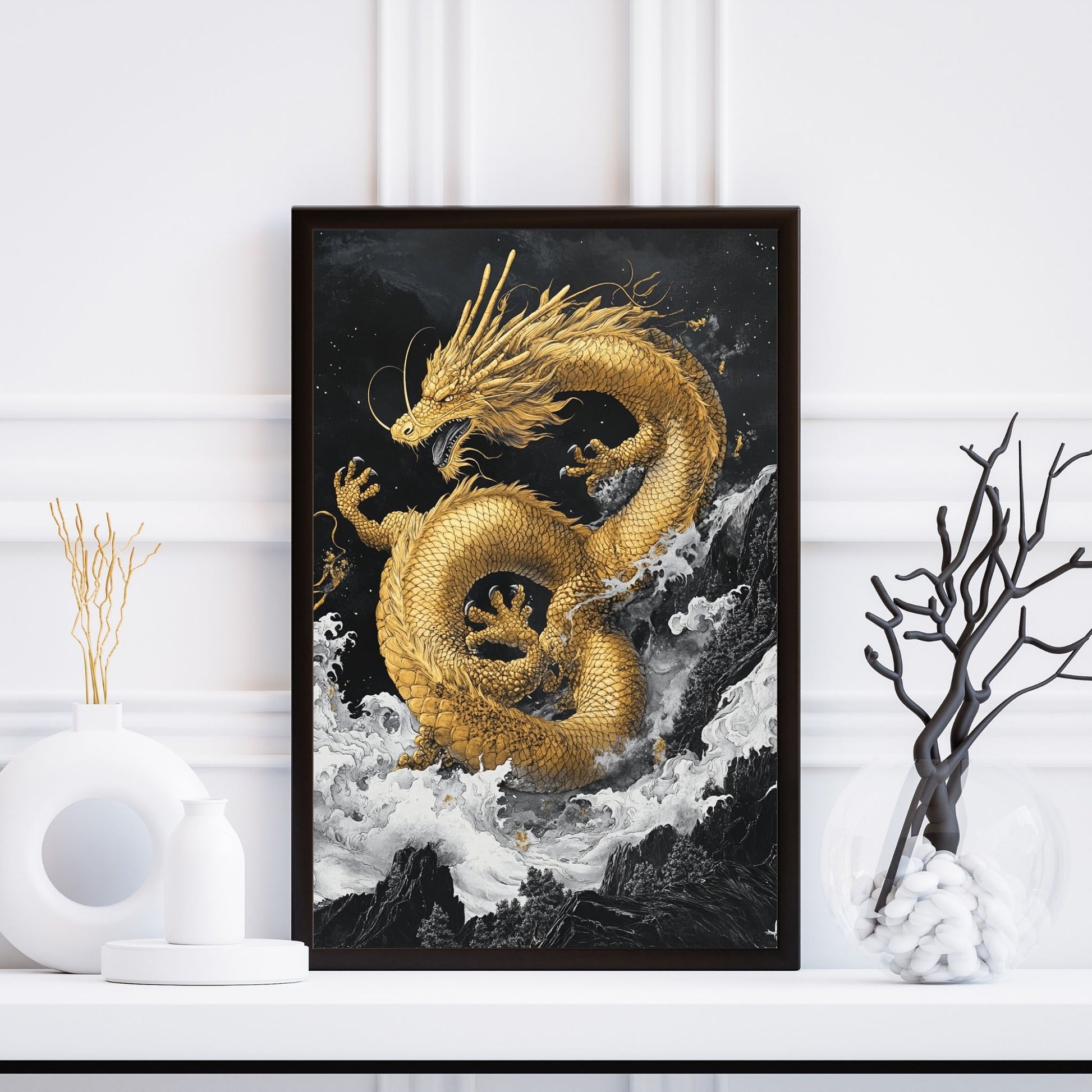 Elegant black-and-white dragon art with golden accents, creating a powerful contrast.