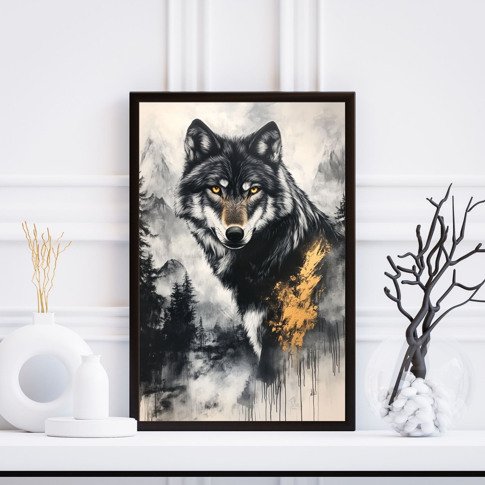 Striking black-and-white wolf art with golden accents and glowing eyes