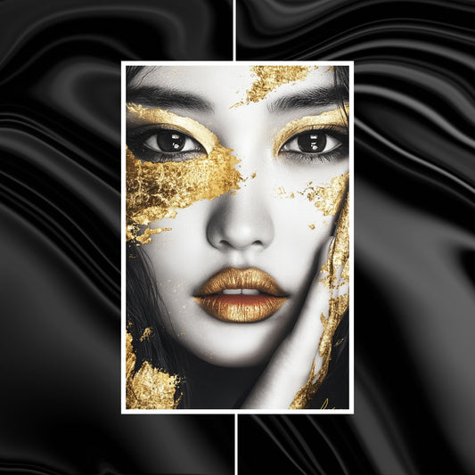 Black and white portrait art with golden accents on the face and lips