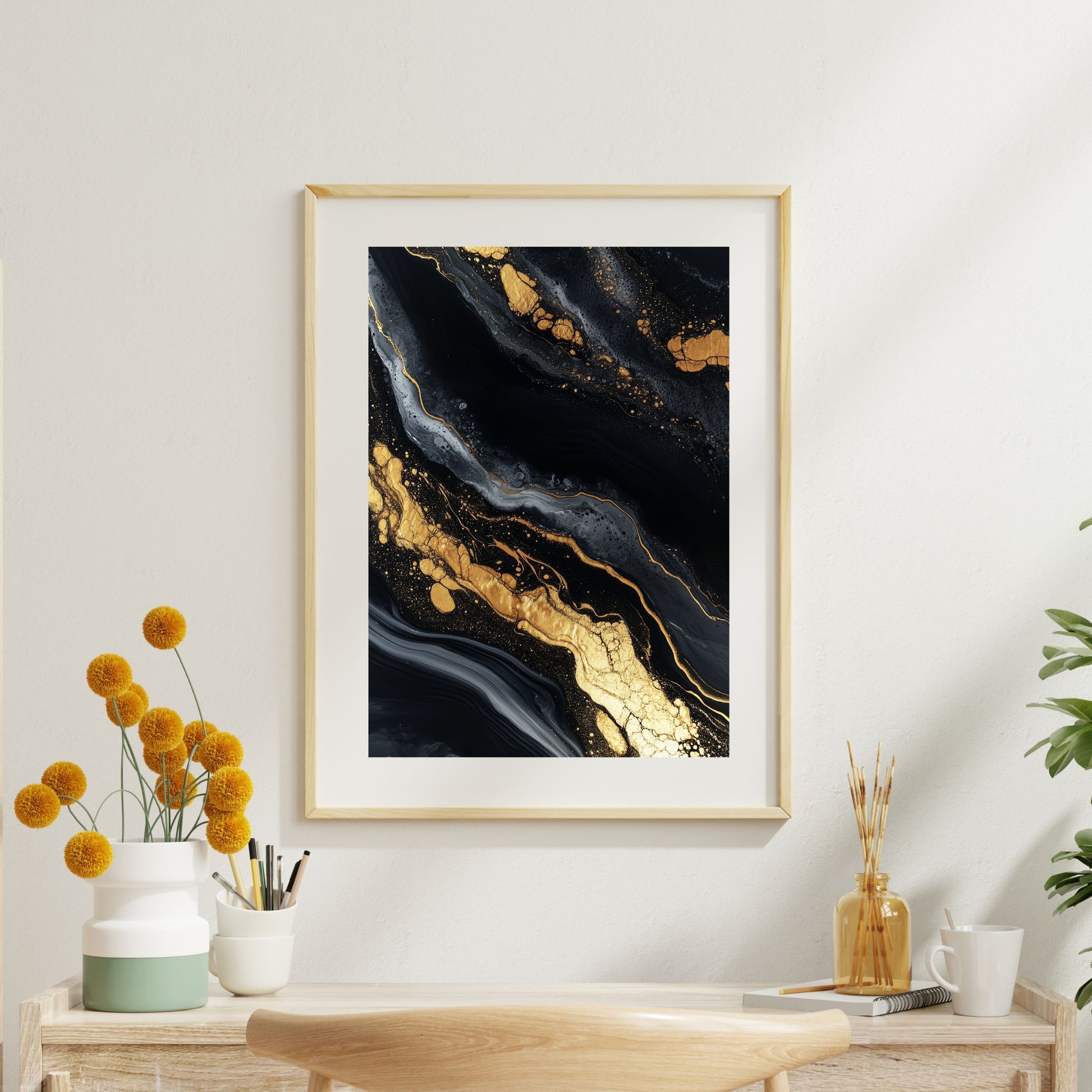 Abstract canvas wall art with golden streams on a black background