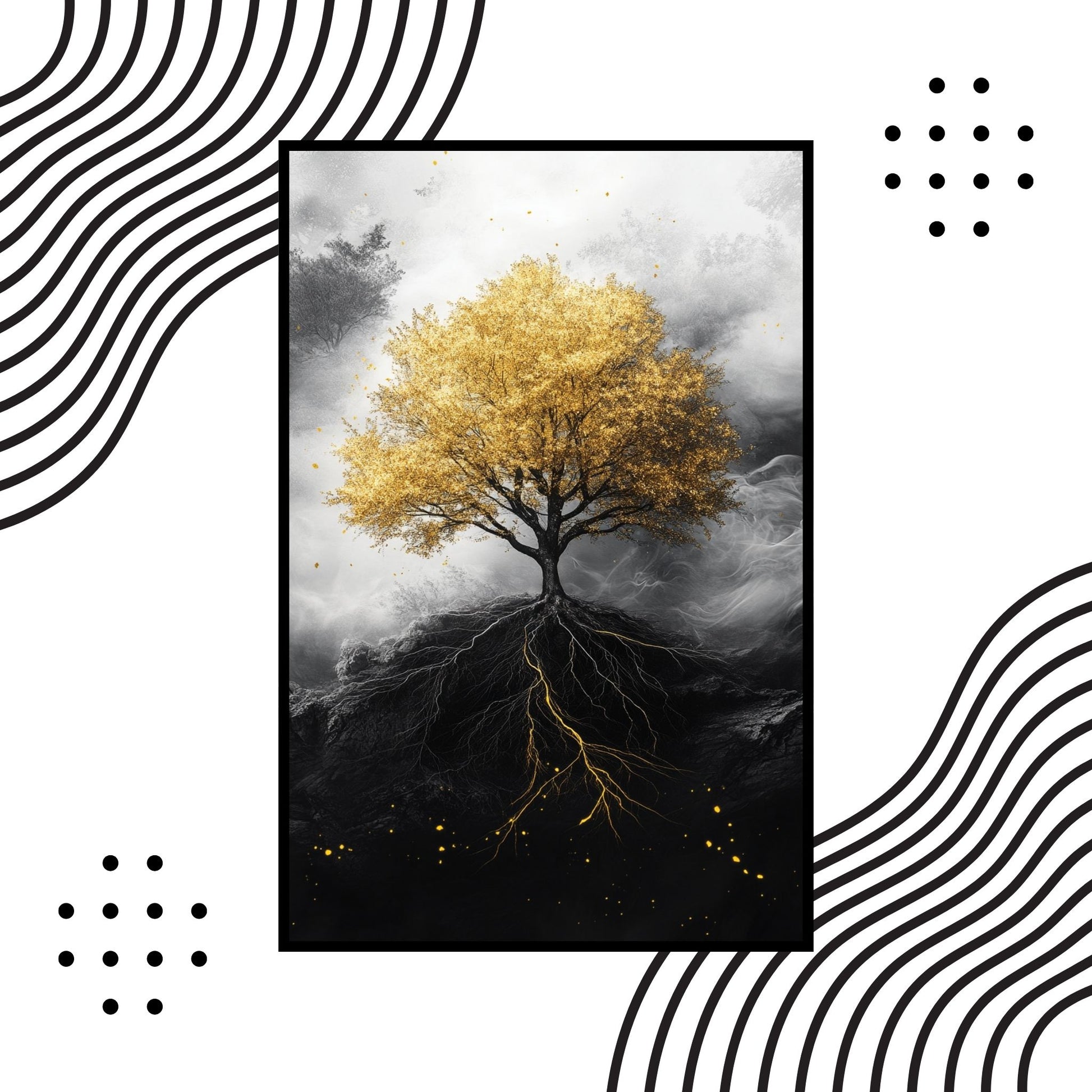 Modern digital print of a golden tree with black-and-white contrast