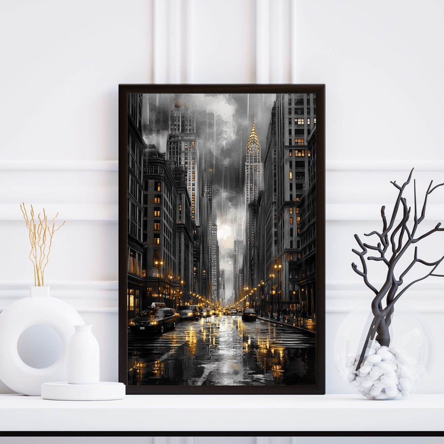 Modern black-and-white city art with golden street lights and reflective wet streets.