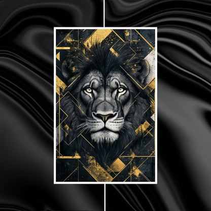 Fierce lion with golden highlights in the mane and geometric patterns in black and white