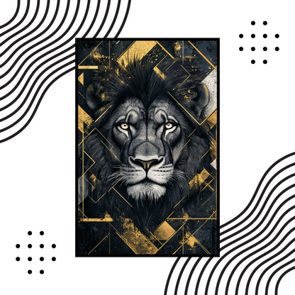 Fierce lion with golden highlights in the mane and geometric patterns in black and white