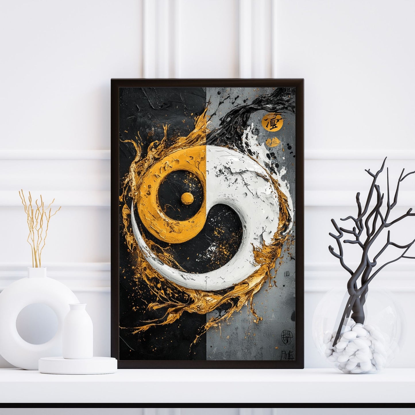 Bold yin-yang art in black and white with golden splashes representing harmony