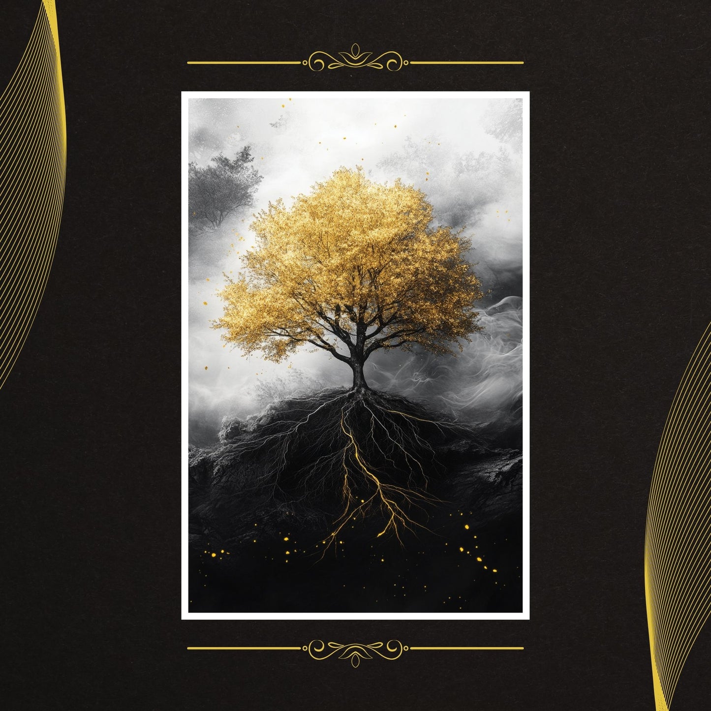 Striking black white gold art of a tree with golden roots in a smoky setting