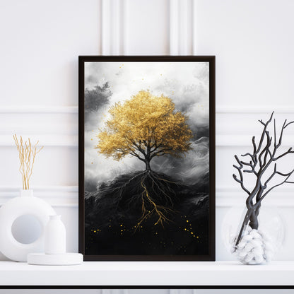 Black and white art featuring a golden tree with glowing roots