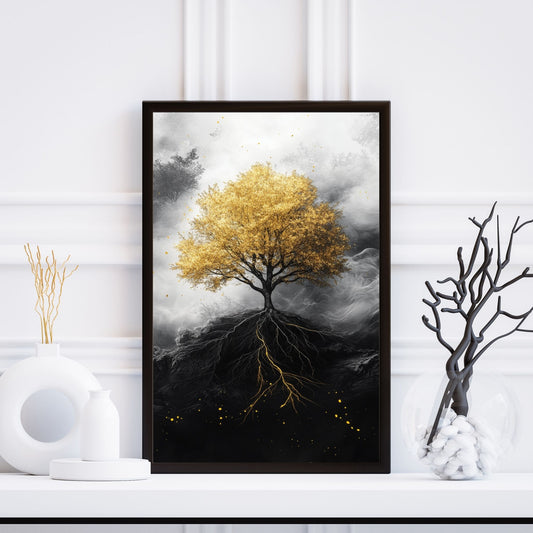 Black and white art featuring a golden tree with glowing roots