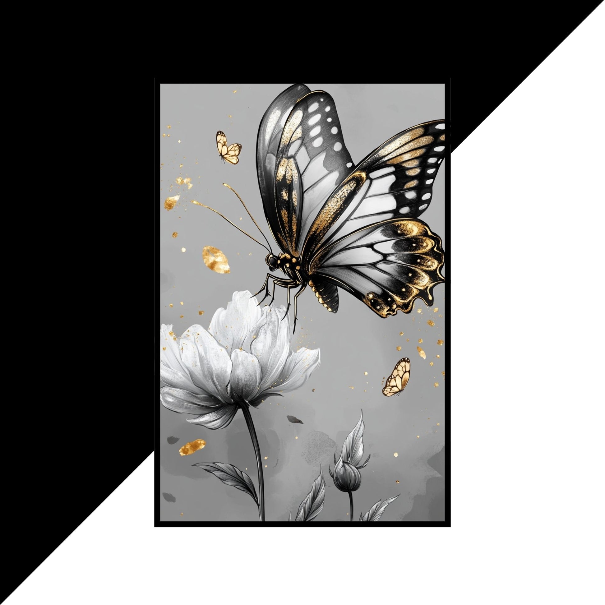 Graceful butterfly with golden wings, surrounded by black-and-white floral art.