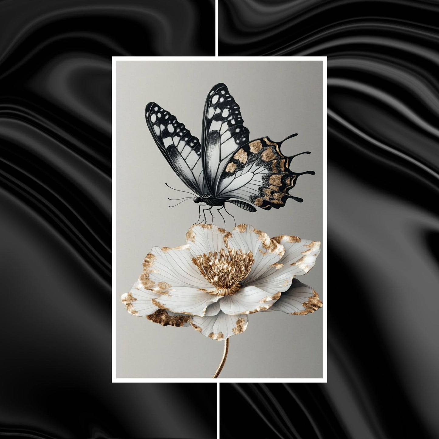 Stunning butterfly and flower digital art in black and white with golden details