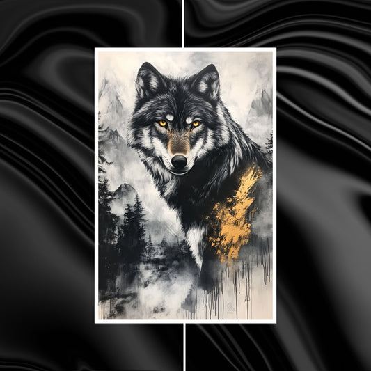 Black-and-white art of a wolf with golden accents and glowing eyes