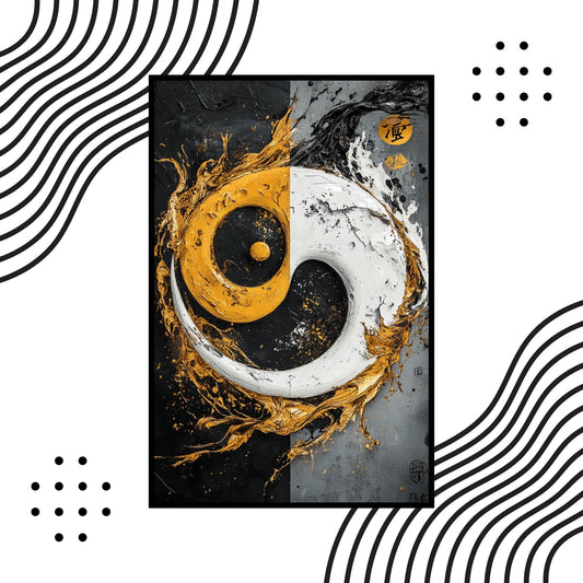 Black-and-white yin-yang inspired art with golden swirling accents