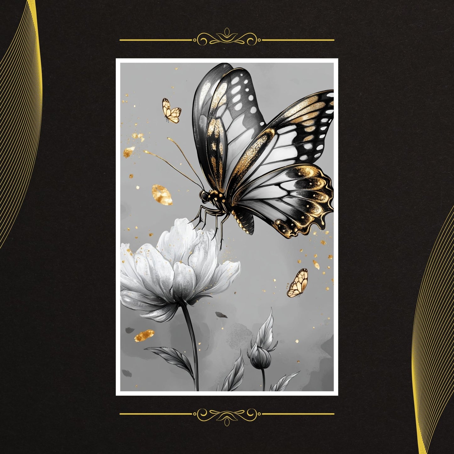 Elegant digital print of a golden butterfly and flower in black-and-white tones.