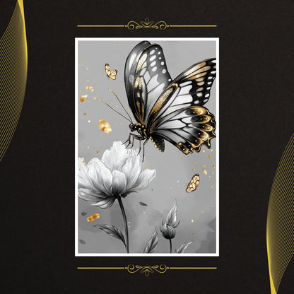 Elegant digital print of a golden butterfly and flower in black-and-white tones.