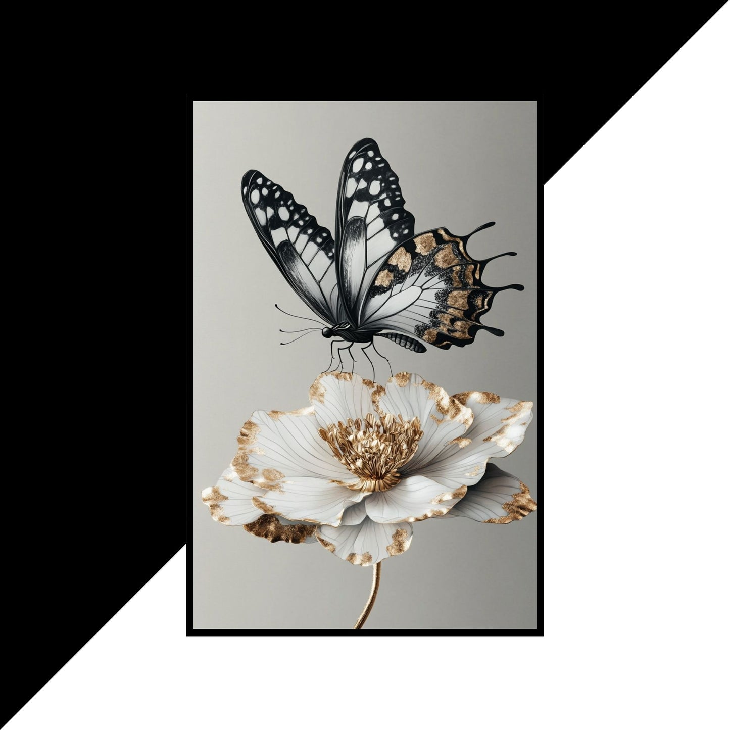 Sophisticated black-and-white art featuring a butterfly and flower with gold highlights.