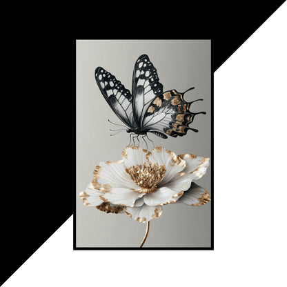 Sophisticated black-and-white art featuring a butterfly and flower with gold highlights.