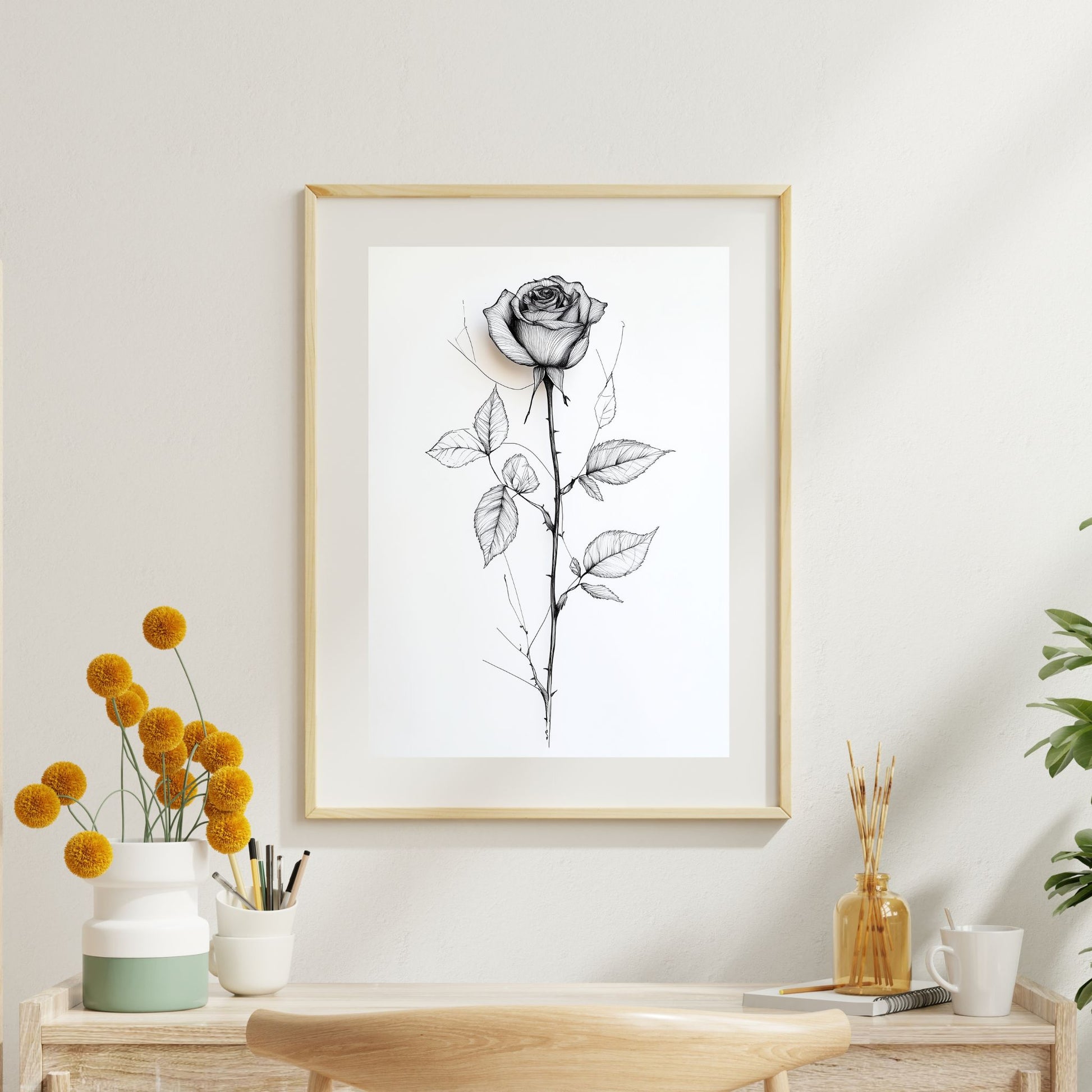 Digital Japandi wall art print with a single rose design