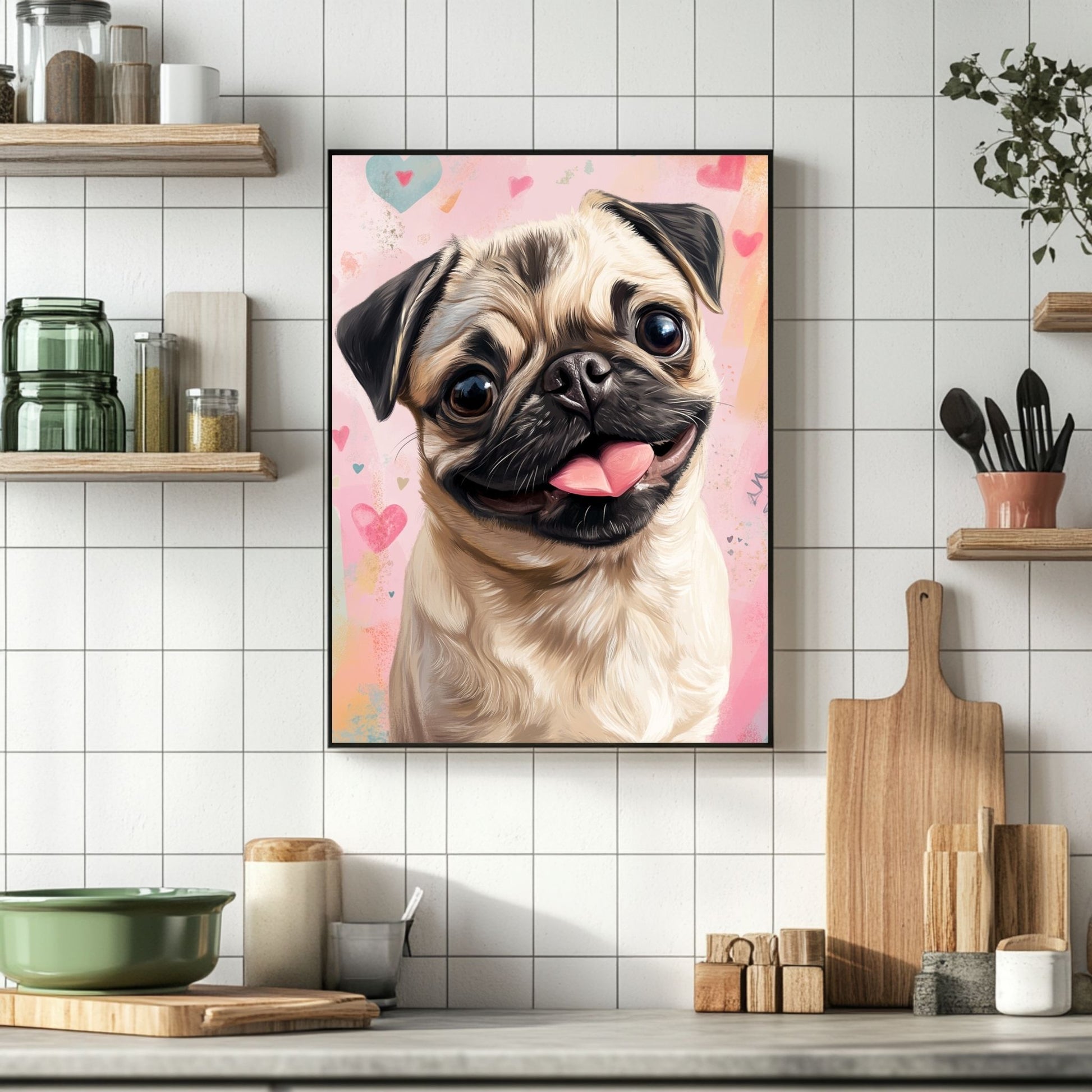 Cute pug art print with playful tongue and hearts