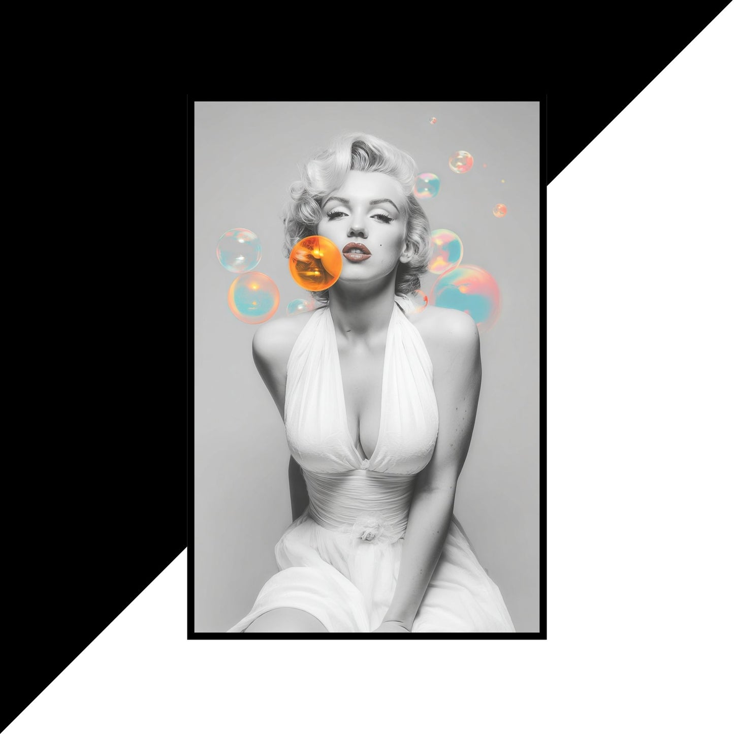 Framed black and white portrait of a famous actress with colorful bubbles.