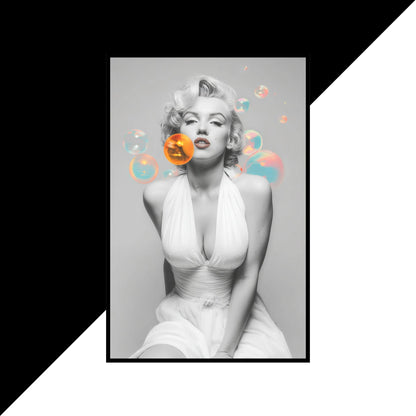 Framed black and white portrait of a famous actress with colorful bubbles.