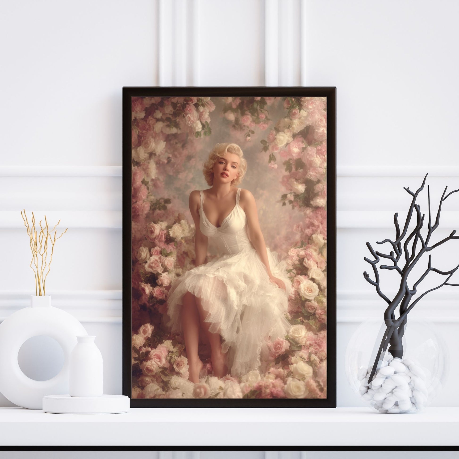 Framed artwork of Marilyn Monroe in a floral setting on a white wall.