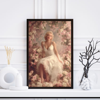 Framed artwork of Marilyn Monroe in a floral setting on a white wall.