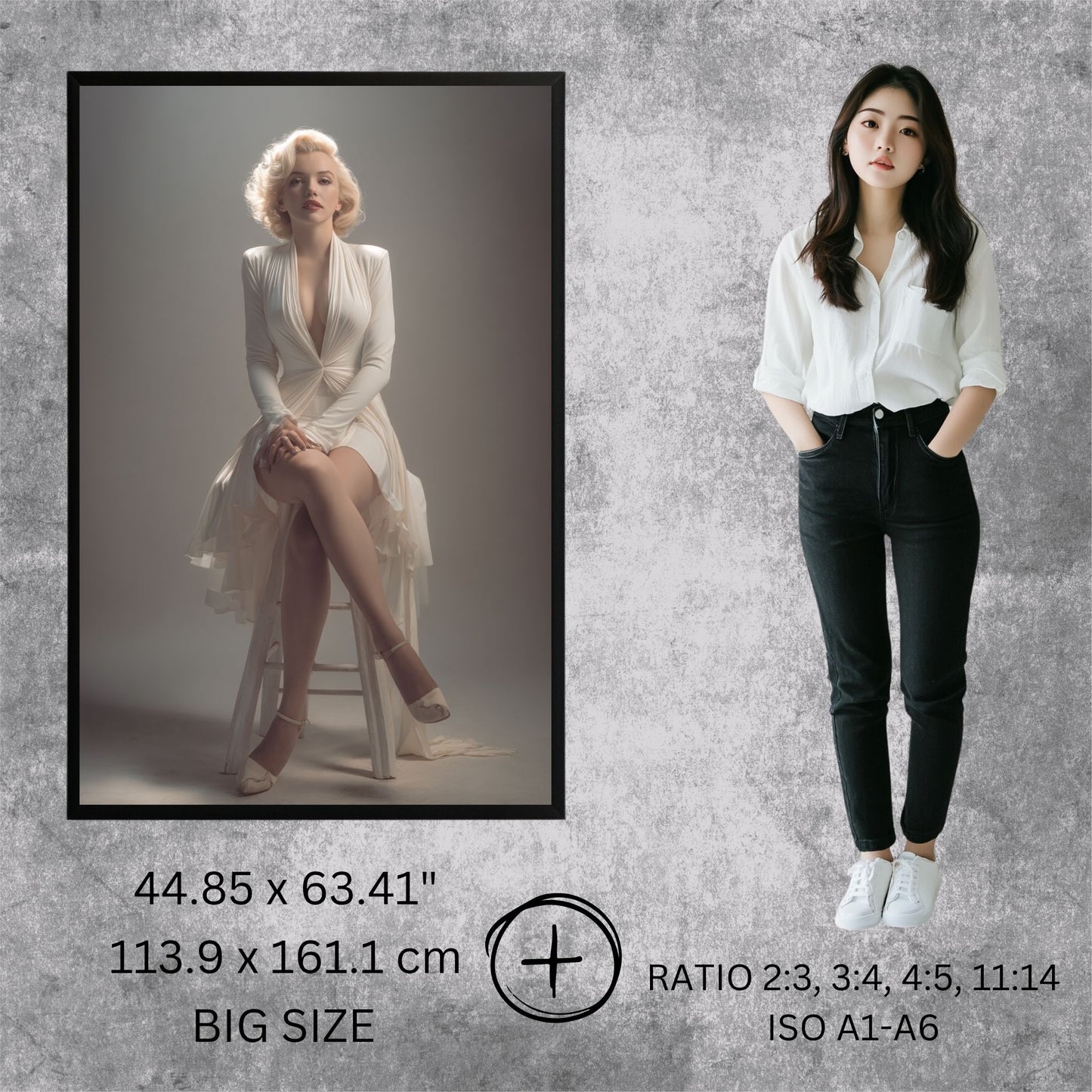 Marilyn Monroe in a white shirt and black pants standing next to a framed portrait of a woman in a white dress.