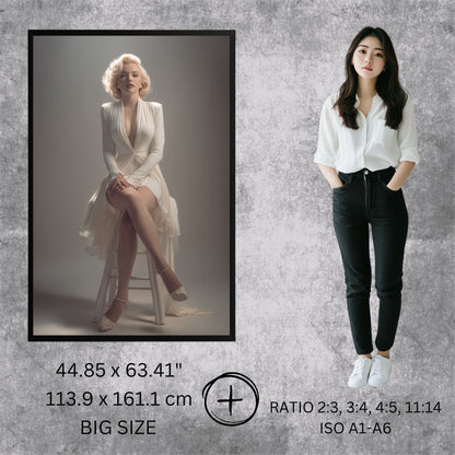Marilyn Monroe in a white shirt and black pants standing next to a framed portrait of a woman in a white dress.