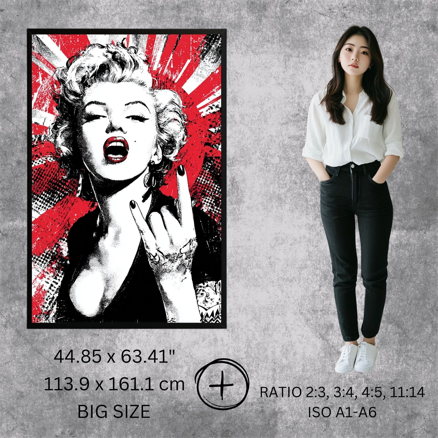 Poster of a stylized portrait with Marilyn Monroe face, next to a person standing against a gray wall.