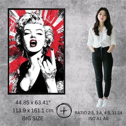 Poster of a stylized portrait with Marilyn Monroe face, next to a person standing against a gray wall.