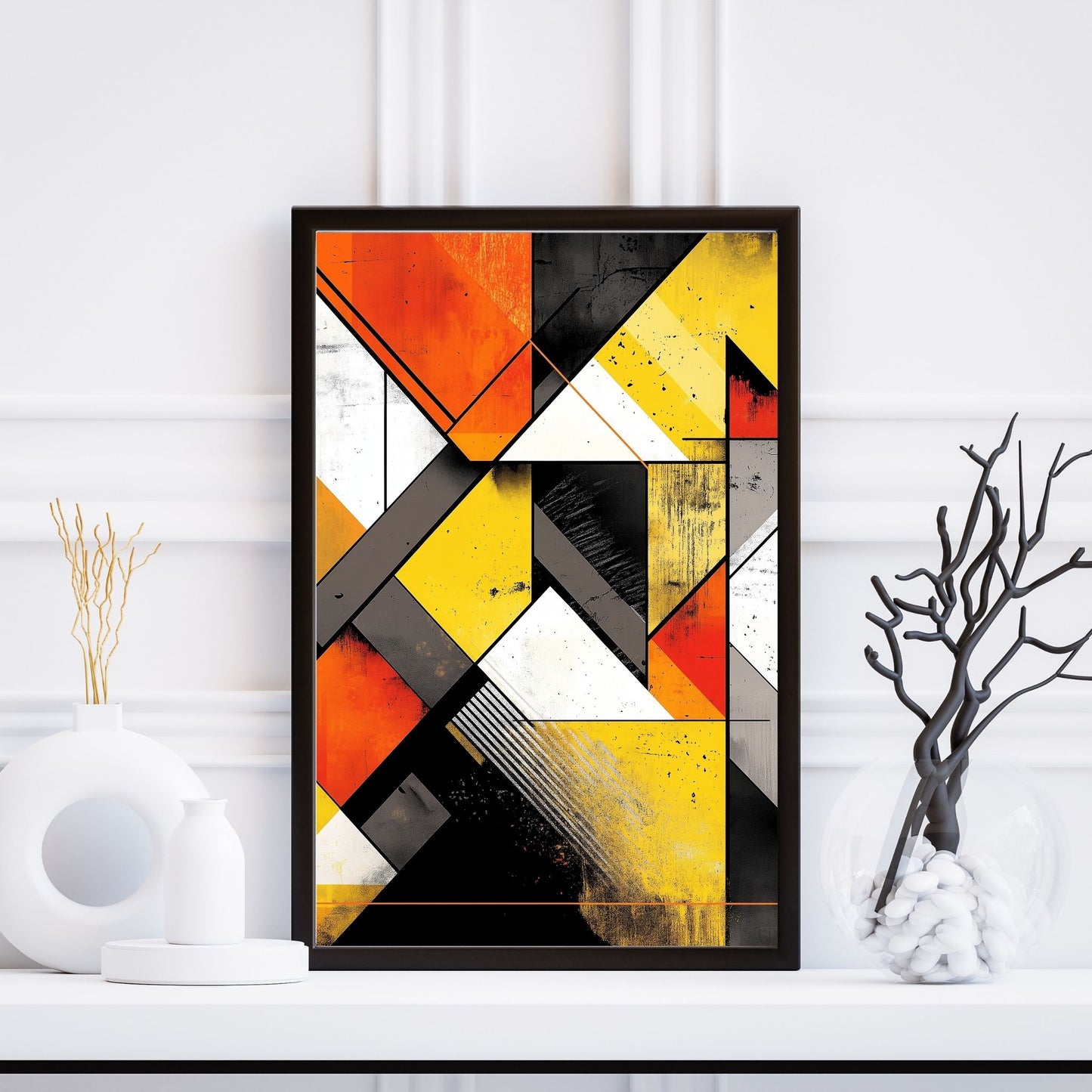 Modern geometric wall art with intersecting lines and bold colors